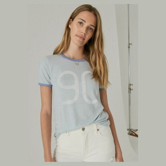 Lucky Brand 90 Ringer Crew Tee in Cashmere Blue | Size Small - Picture 1 of 7